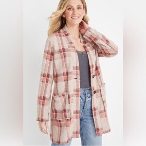 Maurices Pink & Burgundy Plaid Cozy Coatigan – XL – Button Front Pocket Jacket